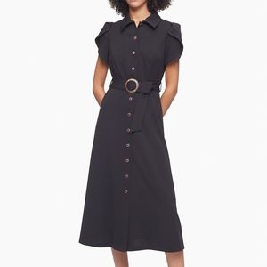 Calvin Klein black tulip sleeve belted midi dress